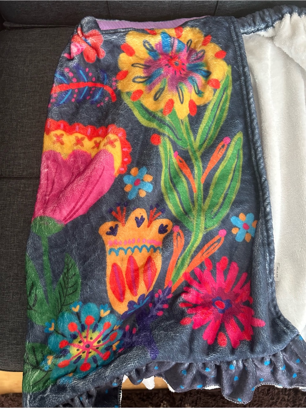 Natural Life Embroidered Floral Dark Blue Towel Wrap with Ruffle - Navy - Picture 3 of 4